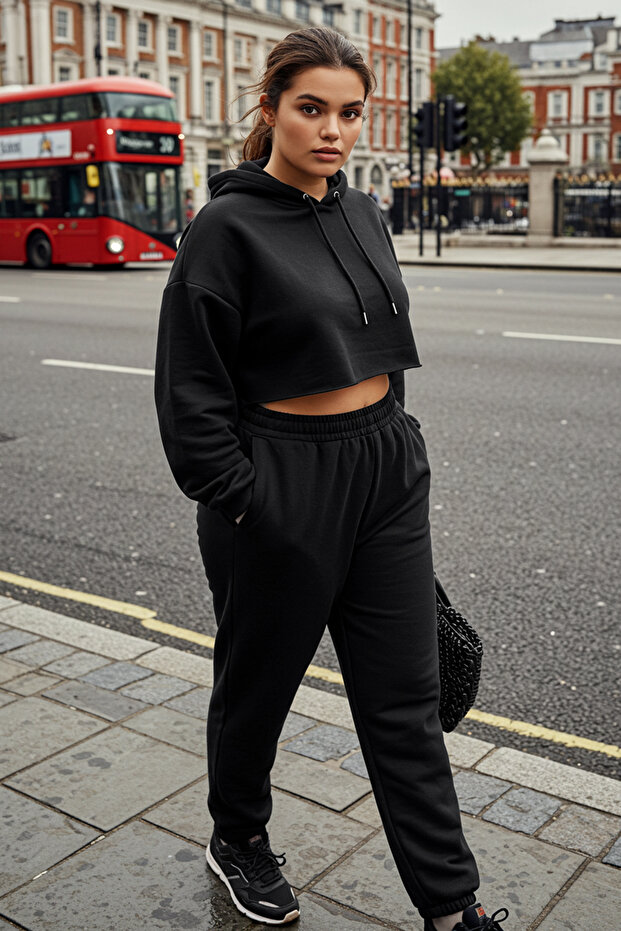 Siyah Loose Jogger İnce Paçası Lastikli Esnek Bel Örme Büyük Beden Eşofman Altı TBBAW23AJ00002 - 1