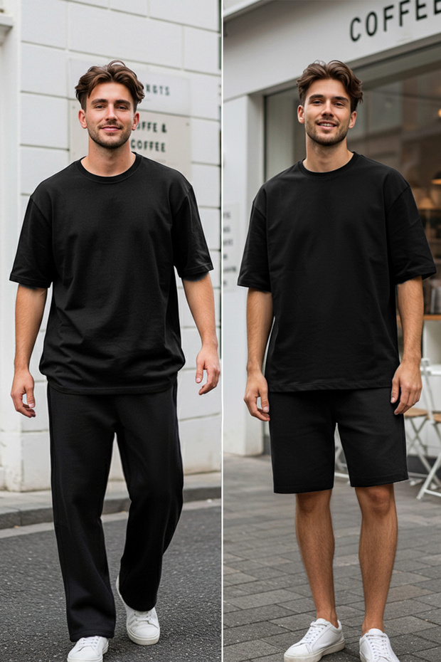 Siyah 3'lü Regular/Normal Kesim T-Shirt, Eşofman Altı, Şort Eşofman Takımı TMNSS25EM00001 - 1