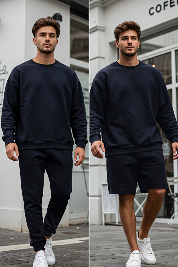 Lacivert Oversize Sweatshirt Regular Eşofman Altı ve Regular Erkek Şort 3'lü Takım TEDAW25EM00003 - 1