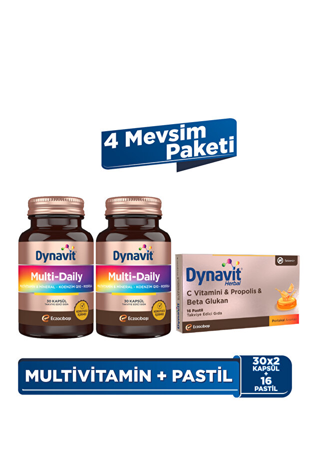 Multi-Daily 30 Kapsül x2 & C Vitamini Propolis 16 Pastil & Beta Glukan 16 Pastil - 4 Mevsim Paketi - 1
