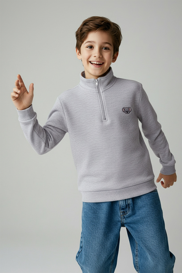 Gri Melanj Pamuklu Baskılı Dik Yaka Regular Erkek Çocuk Örme Sweatshirt TKDAW26SW00038 - 2