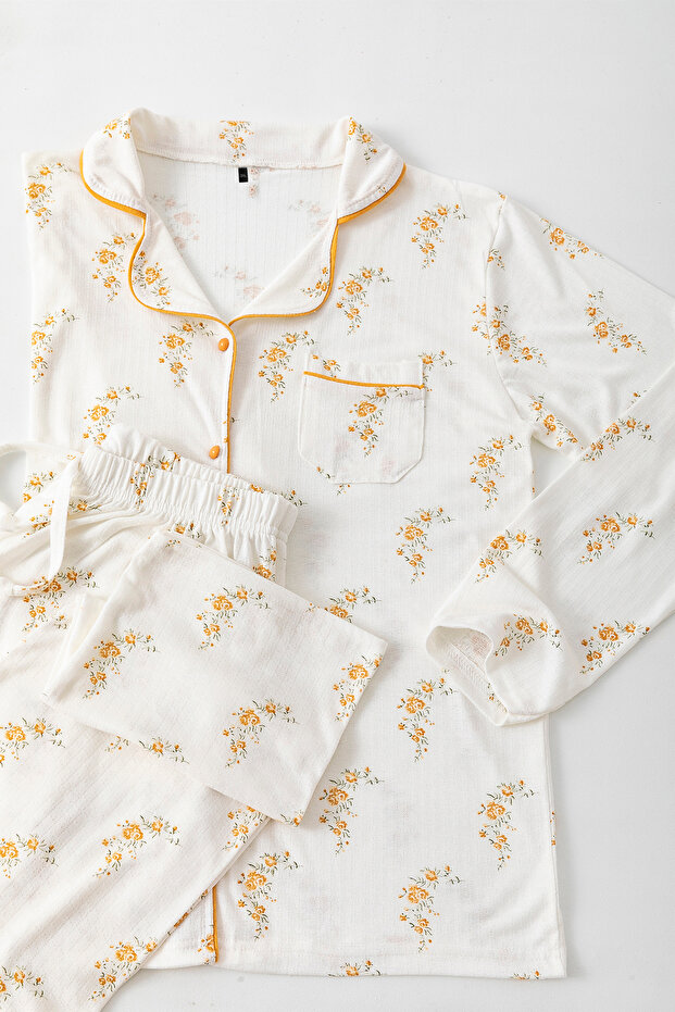 Çok Renkli Çiçek Desenli Biyeli Mevsimlik Gömlek Yaka Dokulu Örme Pijama Takımı TBBAW26AI00039 - 5
