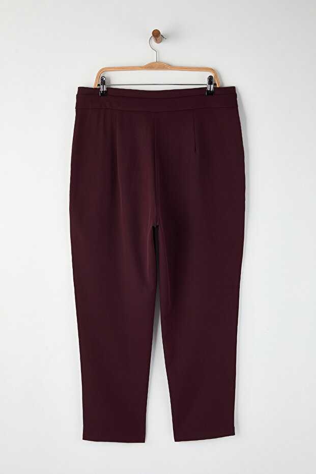 Mürdüm Beli Ayarlanabilir Kemerli Dokuma Büyük Beden Kumaş Pantolon TBBAW23AR00014 - 8