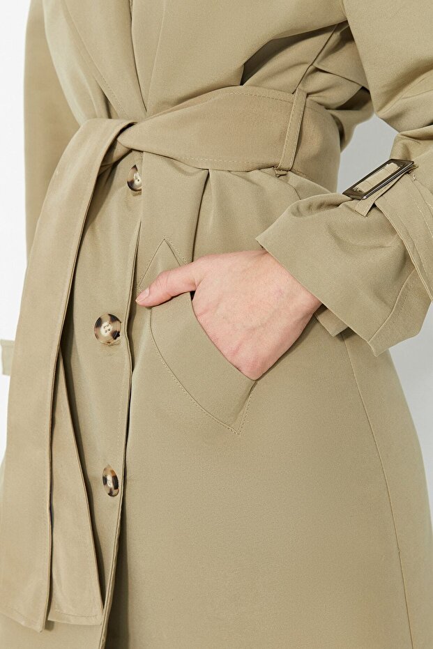 Lehký khaki dvouřadý oversize dlouhý trenčkot TWOAW26TR00010 - 6