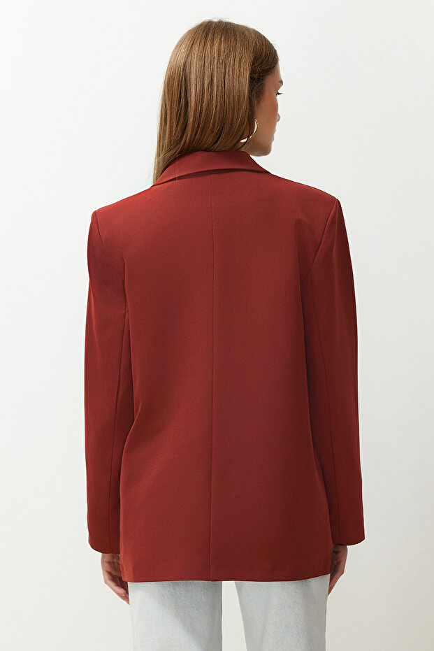 Bordo Kiremit Oversize Düz Kesim Basic Kruvaze Dokuma Blazer Ceket TWOSS24BC00028 - 6