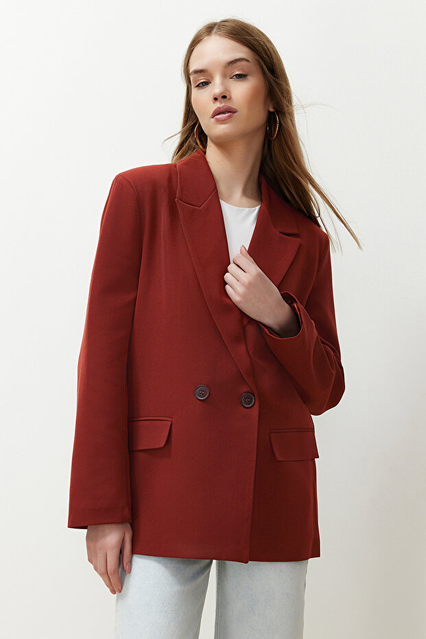 Bordo Kiremit Oversize Düz Kesim Basic Kruvaze Dokuma Blazer Ceket TWOSS24BC00028 - 3