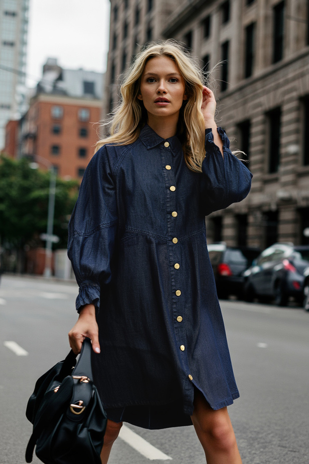 Koyu Mavi Pileli Kol Detaylı Mini Denim Gömlek Elbise TWOAW26EL00035 - 1