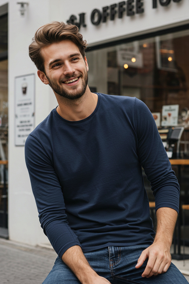 Lacivert Basic Regular/Normal Kesim Bisiklet Yaka Uzun Kollu %100 Pamuk T-Shirt TMNAW21TS0208 - 2