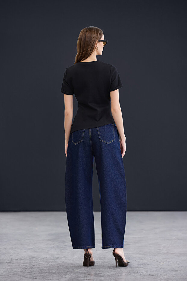 Trendyol Studio Collection Koyu Mavi Bel Detaylı Yüksek Bel Baggy Jeans TWOAW26JE00243 - 3