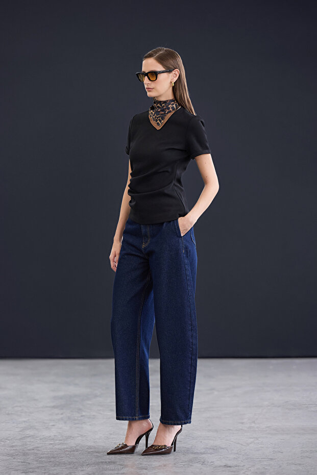 Trendyol Studio Collection Koyu Mavi Bel Detaylı Yüksek Bel Baggy Jeans TWOAW26JE00243 - 2