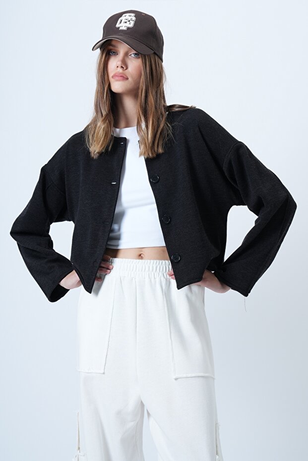 Women's Anthracite Stitch Detailed Textured Knitted Jacket Alc-X14656