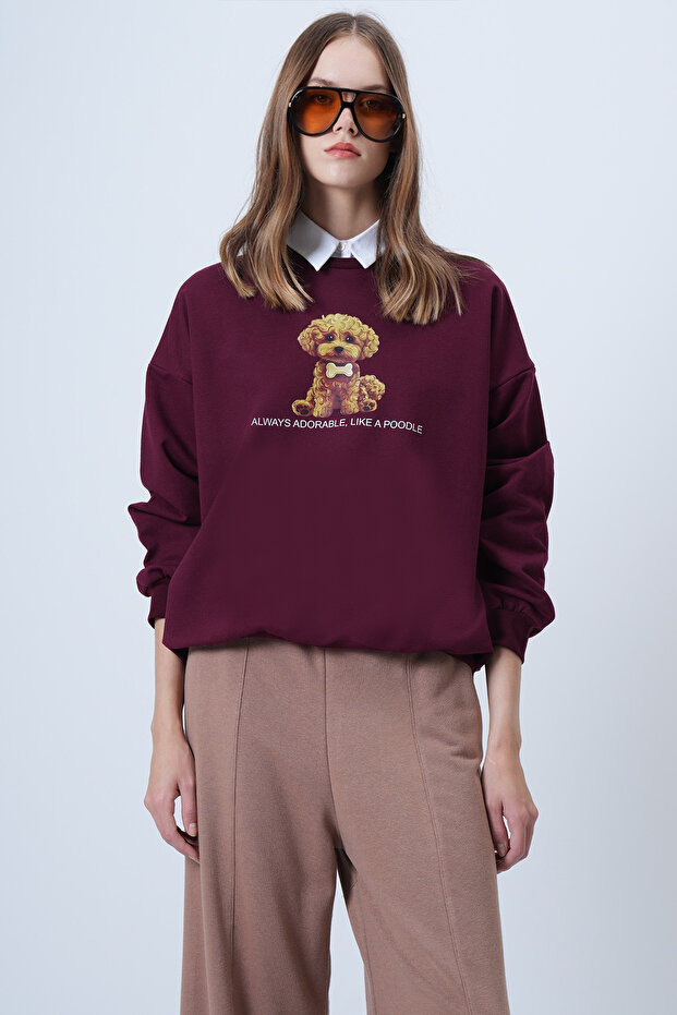 Women's Burgundy Front Printed Oversize Cotton Sweatshirt Alc-X14651
