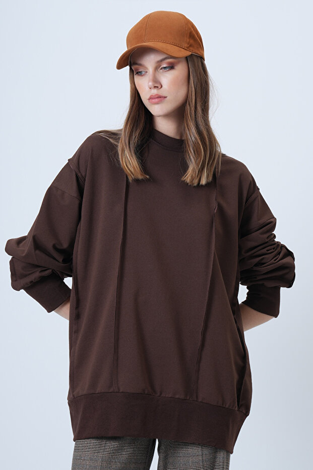 Women's Brown Stitching Detailed Oversize Design Sweatshirt Alc-X14662