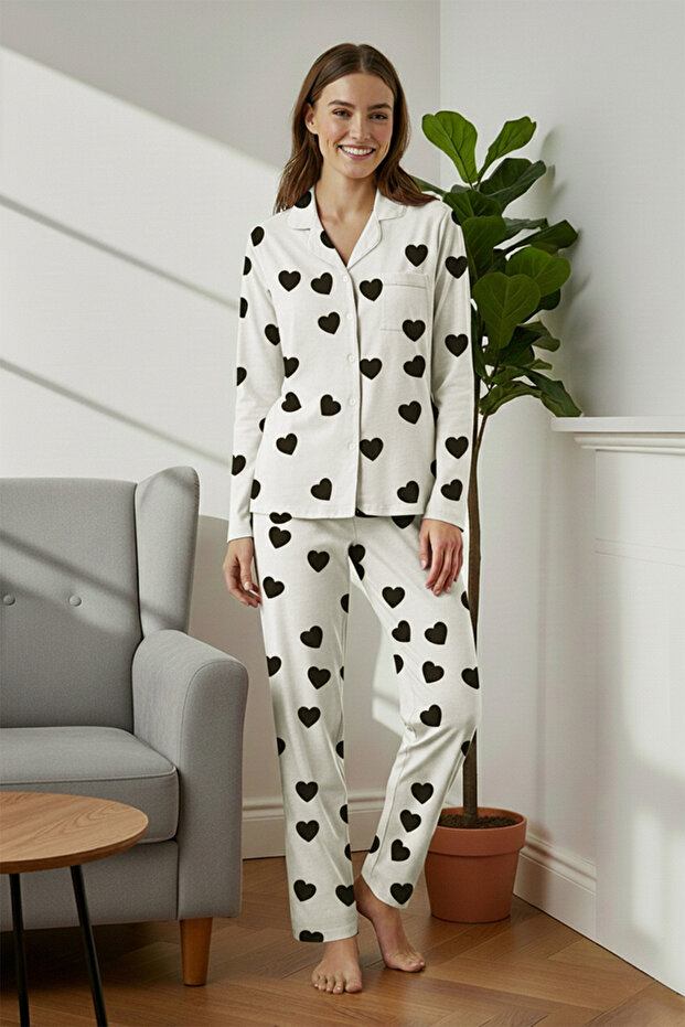 Kadın Mini Me/Anne Kız Ekru Kalpli Viskon Dokuma Pijama Takımı THMAW21PT0936 - 1