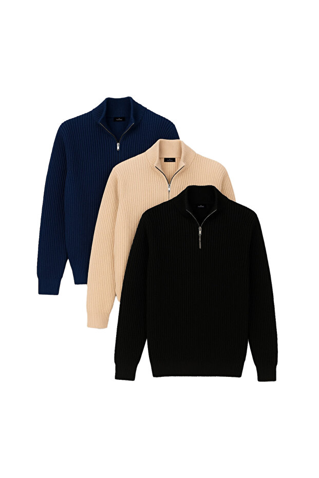 Men's 3-Pack Dark Cobalt Blue-Beige-Black Slim Fit Slim-Fit Zippered Stand-Up Collar Knitwear Sweater