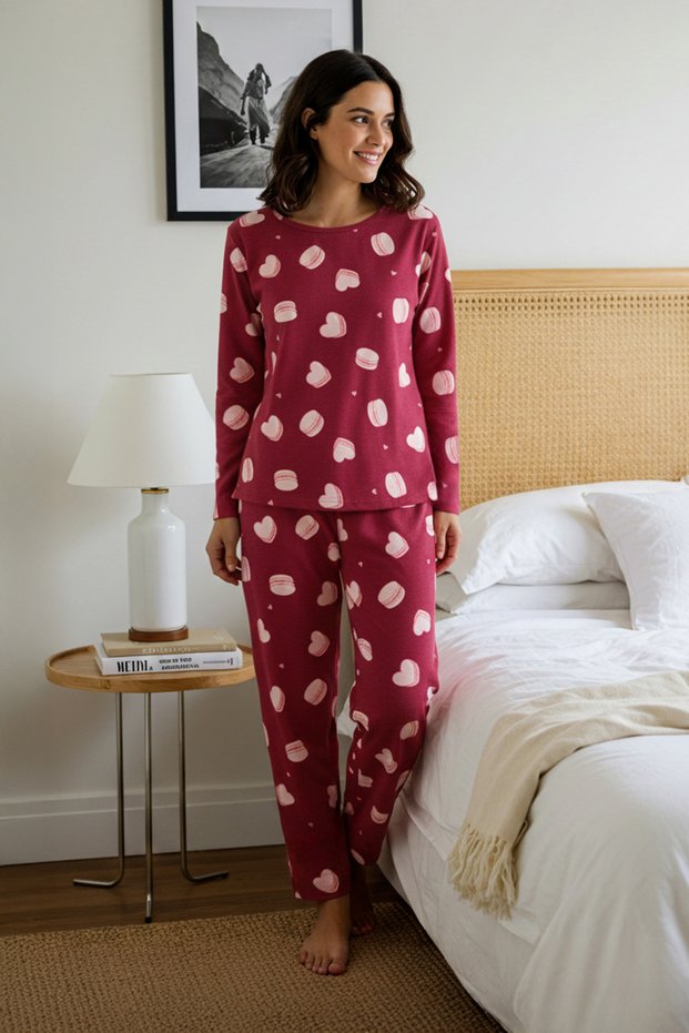 Teen Burgundy 100% Cotton Heart and Macaron Patterned Knitted Pajama Set Thmaw26Pt00160