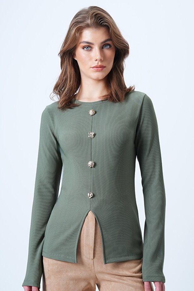 Women's Khaki Crew Neck Front Slit Button Detail Ottoban Blouse Alc-X14345