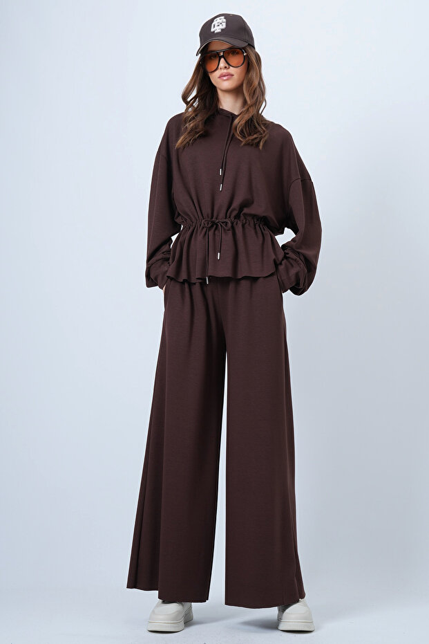 Bitter Brown Hooded Drawstring Waist Modal Blouse and Pants Set Alc-X14668