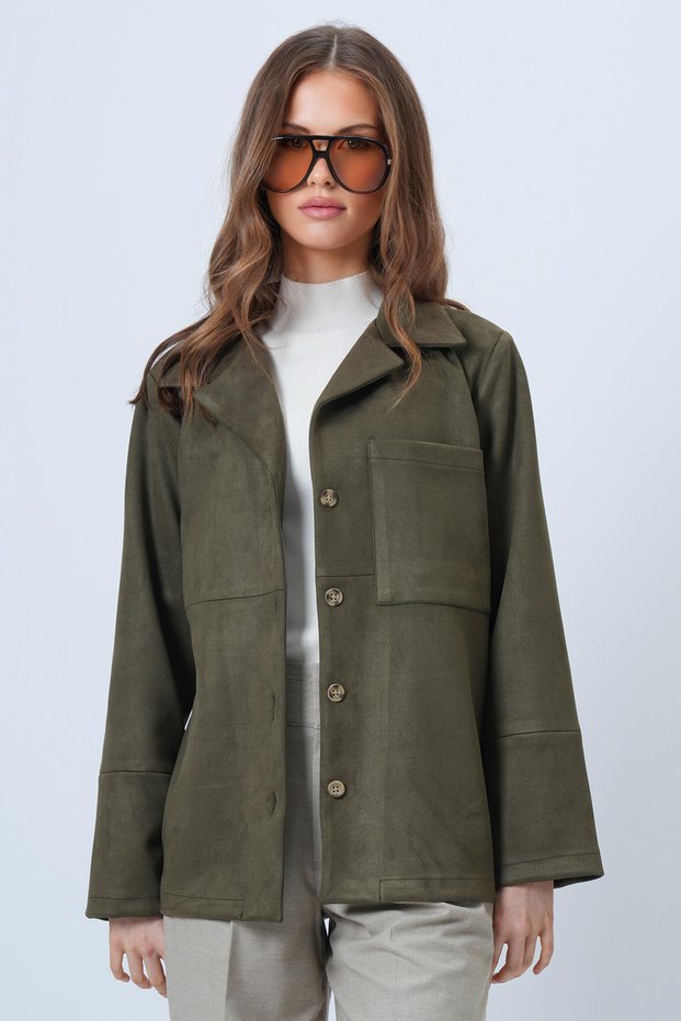 Khaki Single Pocket Faux Suede Jacket with Stitching Detail Alc-X14404