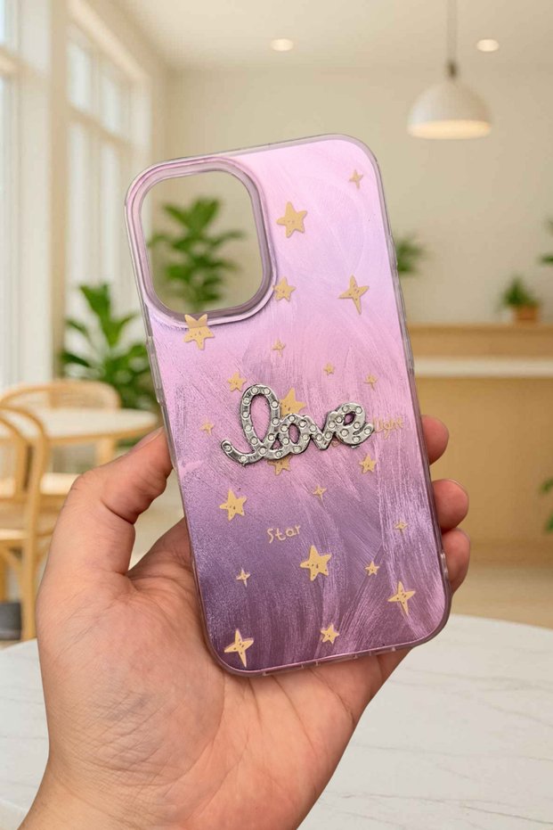 iPhone 16 Compatible Hologram Color Changing Star Pattern Stone Written Starlove Case