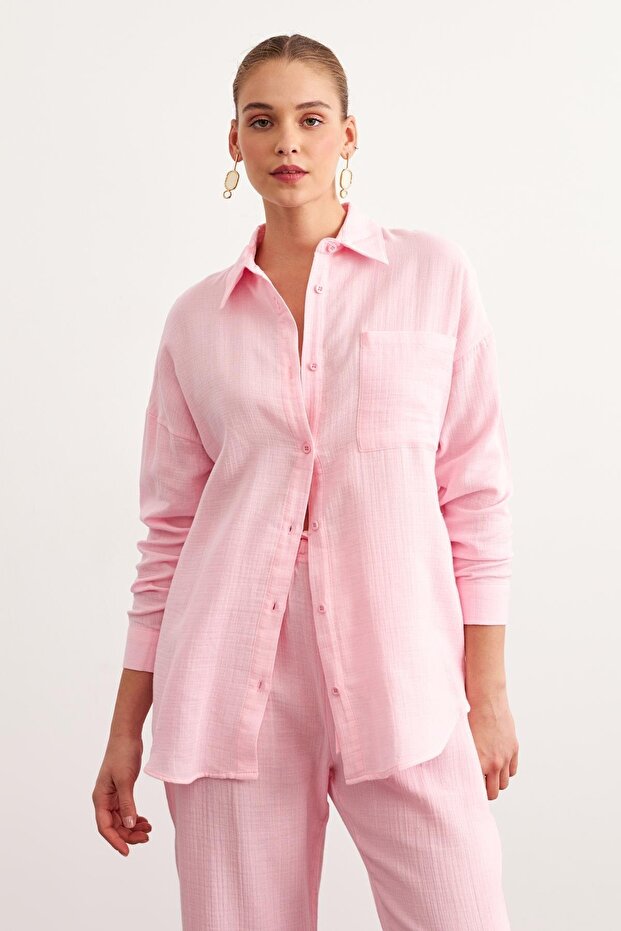 Önü Düğmeli Tek Cepli Oversize Gömlek PUDRA - 3