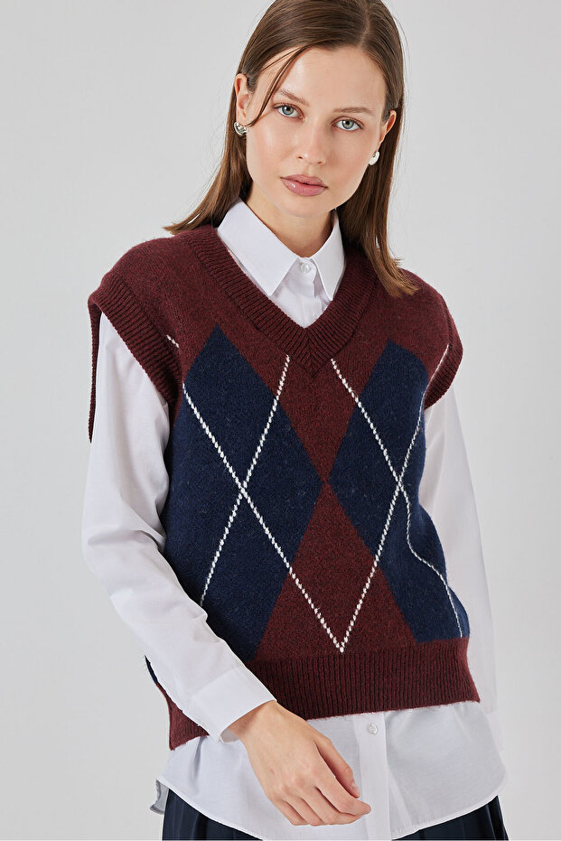 Damen-Pullover mit Rautenmuster 15940 – Weinrot - 1