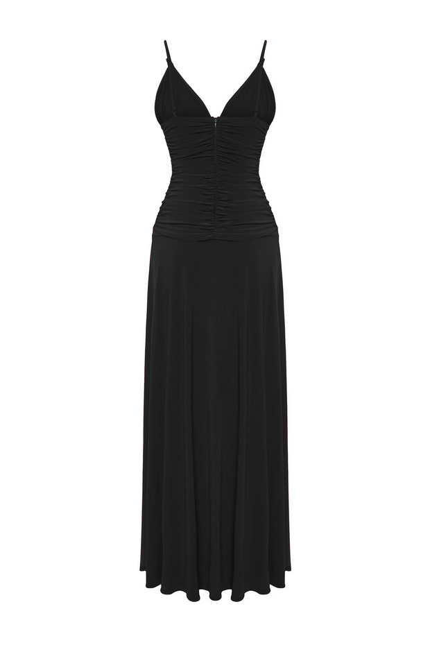 Siyah Gül Detaylı Örme Maxi Şık Abiye Gece Mezuniyet Elbisesi TPRSS25AE00180 - 6