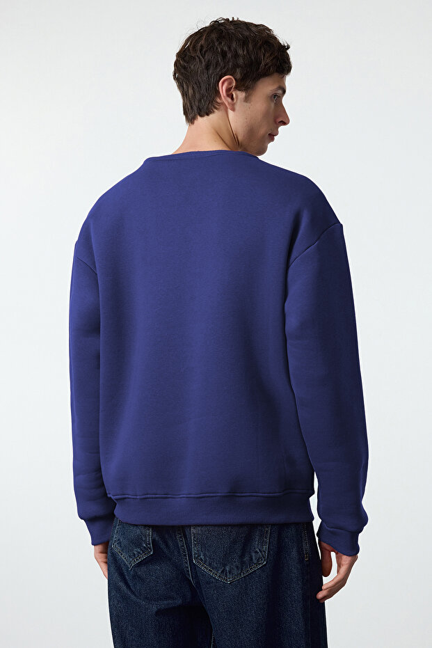 Lacivert Oversize/Geniş Kesim Pamuklu Basic İçi Polarlı Kalın Sweatshirt TMNAW25SW00011 - 9