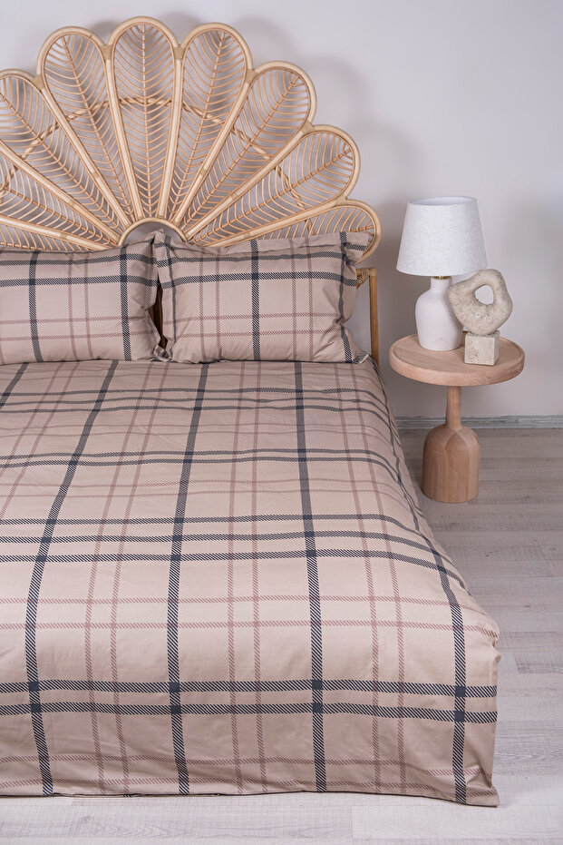 Plaid Patterned Beige Duvet Cover Set Tphaw26Ckn00007