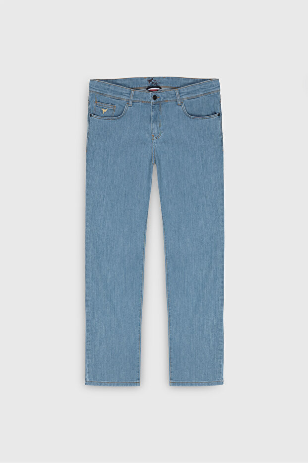 Erkek Açık Mavi Slim Fit Dar Kesim 5 Cep Pamuklu Denim Jean Kot Pantolon - 1