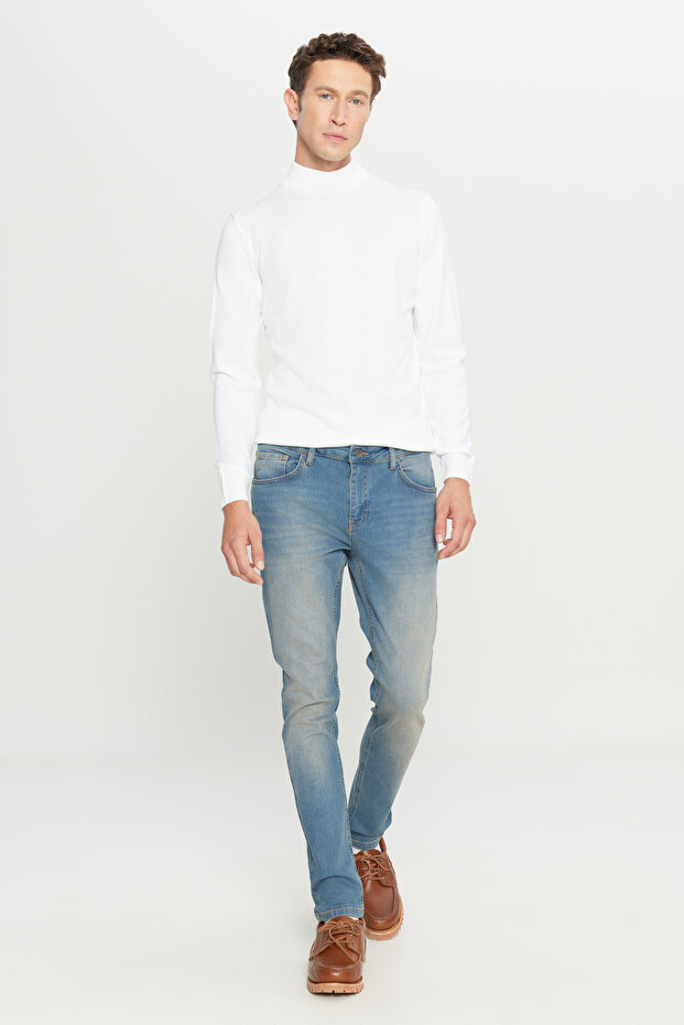 Erkek Petrol Mavisi Ekstra Slim Fit Dar Kesim Pamuklu Esnek Rıss Jean Kot Denim Pantolon - 6