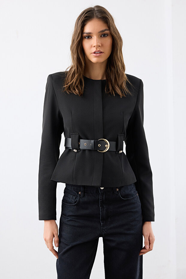 Siyah Kemerli Fitted/Vücuda Oturan Şık Dokuma Blazer Ceket TWOAW26BC00003 - 1