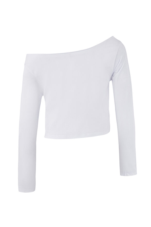 Siyah-Beyaz %100 Pamuk Asimetrik Kayık Yaka Relaxed/Rahat Kesim Örme T-Shirt TWOAW26TS00016 - 11