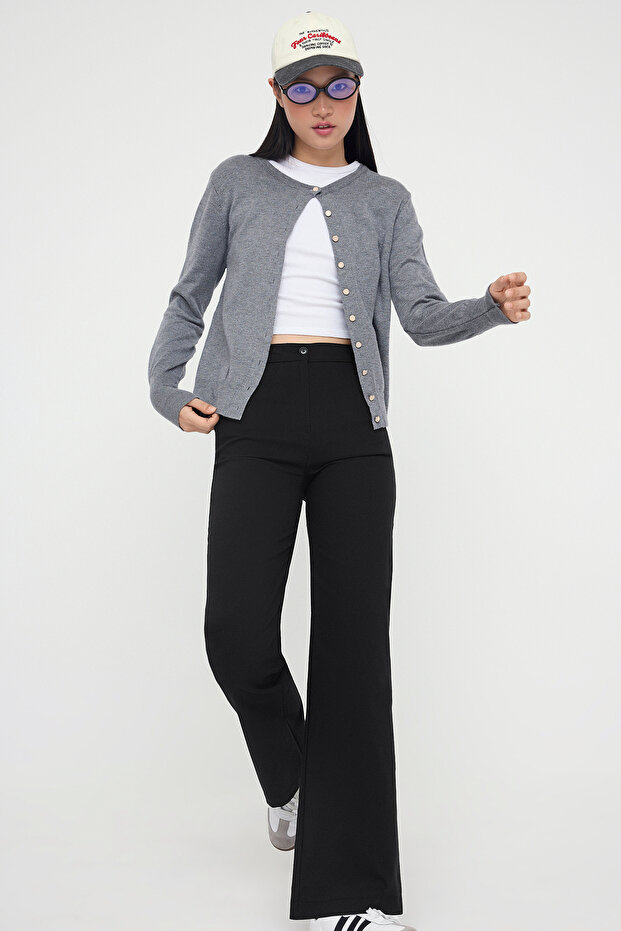 Teen Siyah Fitted Likralı Esnek Wide Leg/Geniş Paça Pantolon TWOAW26PL00009 - 4