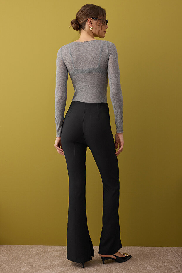 Siyah Flare Kalıp Nervürlü Bootcut Pantolon TWOAW26PL00043 - 4