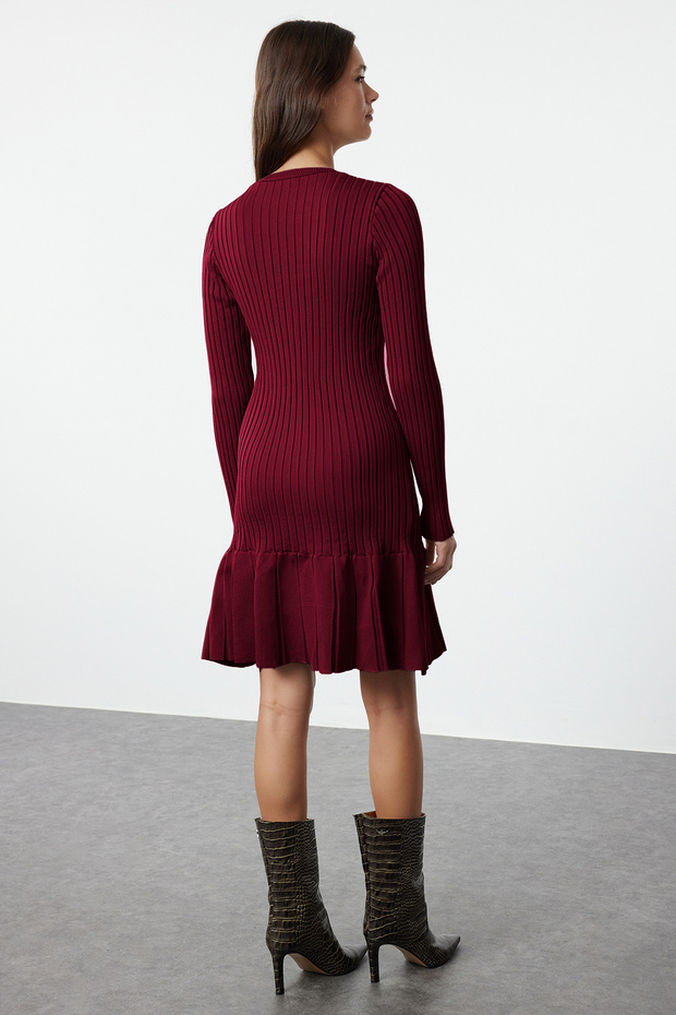 Bordo Mini Pileli Triko Elbise TWOAW24EL00013 - 5