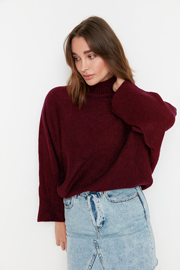 Weinroter, weich strukturierter, weiter Strickpullover TWOAW20KZ1059 - 1