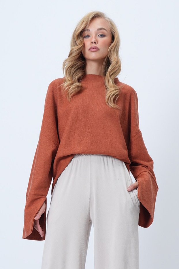 Women's Tile-Colored Stand-Up Collar Batwing Sleeve Cuff Slit Wide-Cut Blouse Alc-X14434