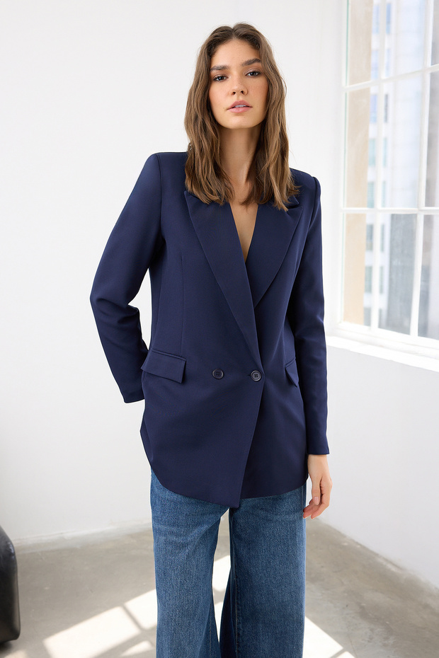 Lacivert Regular Astarlı Kruvaze Kapama Dokuma Blazer Ceket TWOSS20CE0059 - 2