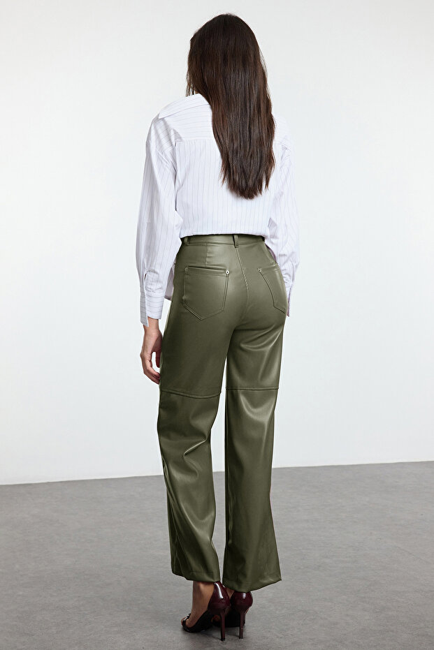 Haki Relaxed/Rahat Straight/Boru Paça Dikiş Detaylı Örme Deri Pantolon TWOAW25PL00068 - 5