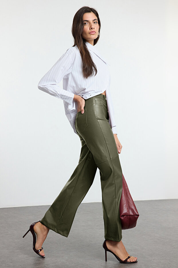 Haki Relaxed/Rahat Straight/Boru Paça Dikiş Detaylı Örme Deri Pantolon TWOAW25PL00068 - 3