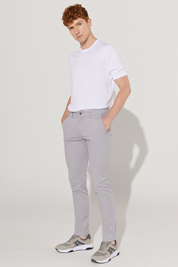 Męskie szare, slim fit, bawełniane, elastyczne, wygodne spodnie chino - 2