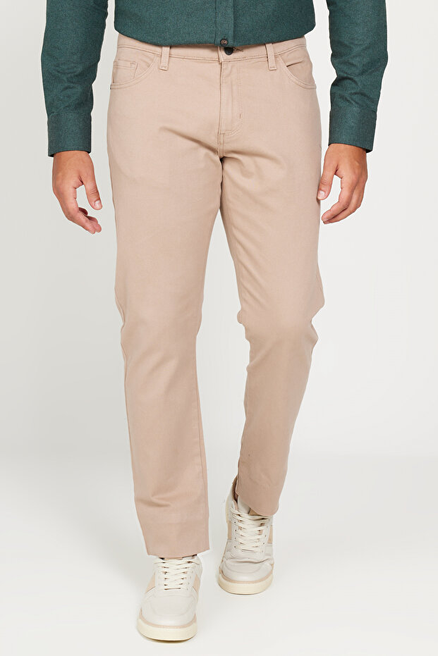 Men's Beige Slim Fit Slim Fit 5 Pocket Cotton Flexible Trousers