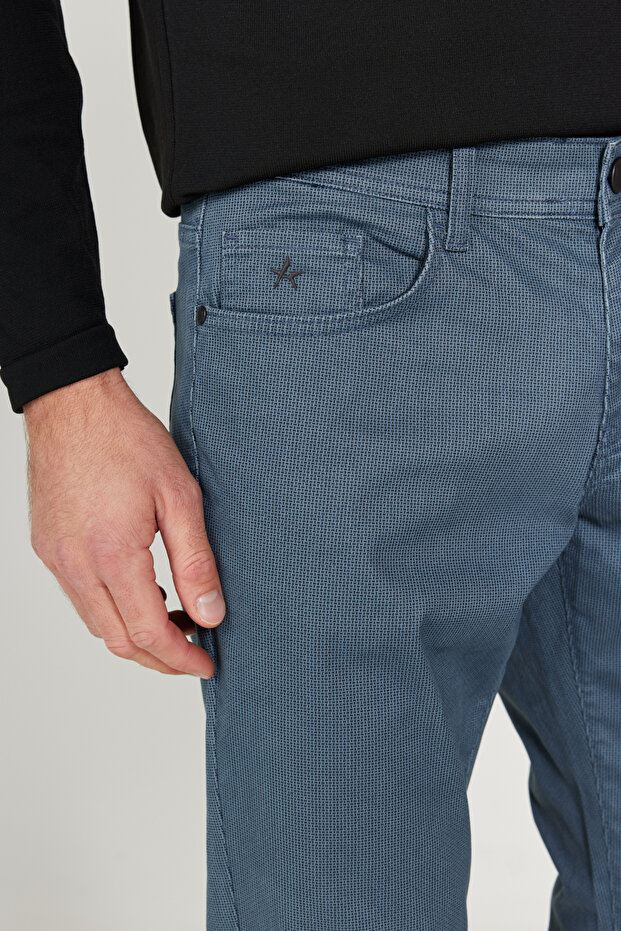 Erkek İndigo Slim Fit Dar Kesim 5 Cepli Desenli Pamuklu Pantolon - 5