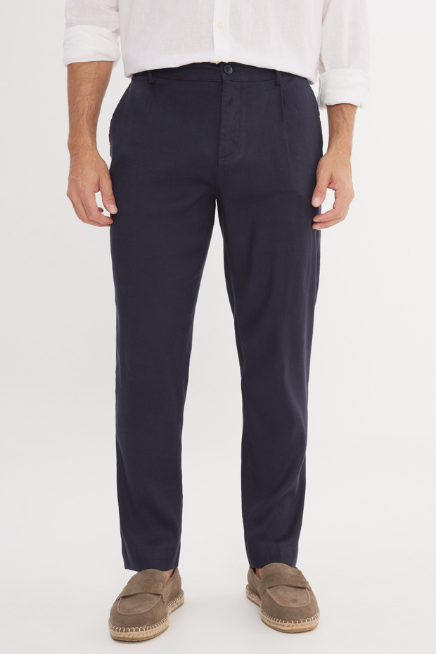 Men's Navy Blue Linen Slim Fit Slim Fit Elastic Waist Side Pocket Stretchy Trousers