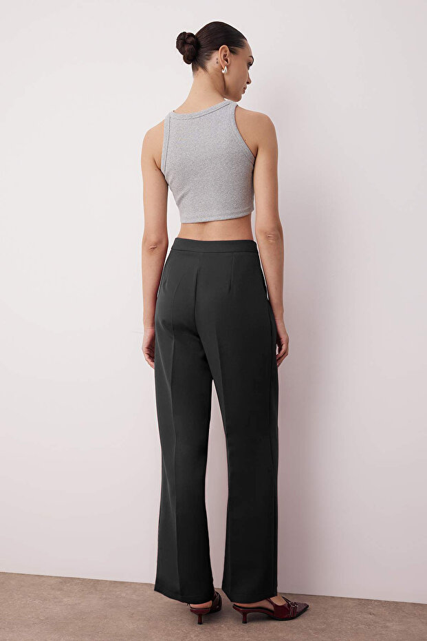Siyah Wide Leg/Geniş Paça Yüksek Bel Dokuma Kumaş Pantolon TWOAW22PL0066 - 4