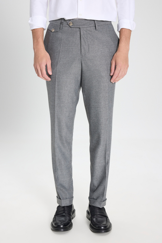 Men's Gray Wool Slim Fit Narrow Cut Trousers with Hidden Elastic Waist and Side Pockets, Flexible Classic Trousers