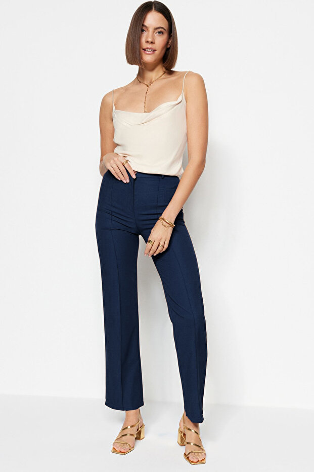 Lacivert Straight/Düz Kesim Yüksek Bel Nervür Dikişli Dokuma Pantolon TWOSS21PL0093 - 2