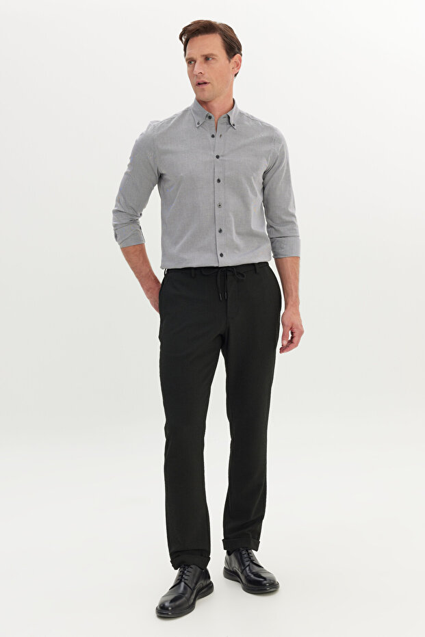 Erkek Siyah Slim Fit Dar Kesim Gofre Desenli Esnek Beli Bağlamalı Pantolon - 3
