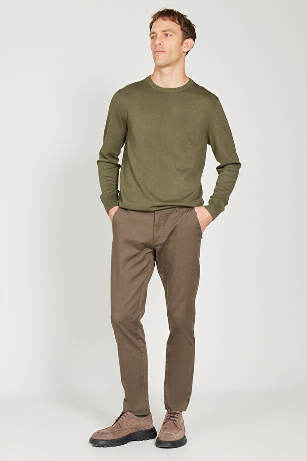 Erkek Haki Slim Fit Dar Kesim Pamuklu Esnek Chino Pantolon - 3